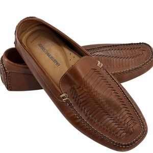 Johnston & Murphy Men Woven Leather Driving Loafers Tan Sheepskin Lining Size 11